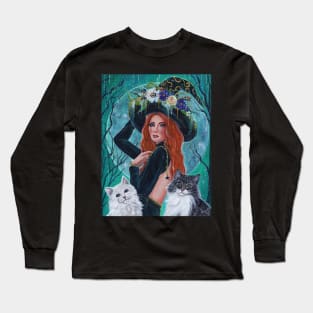 Cassandra Halloween witch with cats by Renee L. Lavoie Long Sleeve T-Shirt